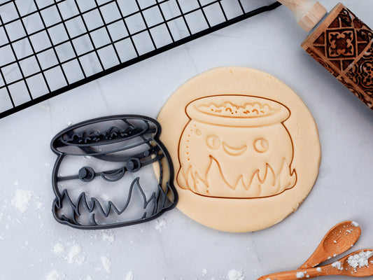 Cute Fire Cauldron Cookie Cutter | Kawaii Halloween Fondant Cutter | 3 Sizes Available